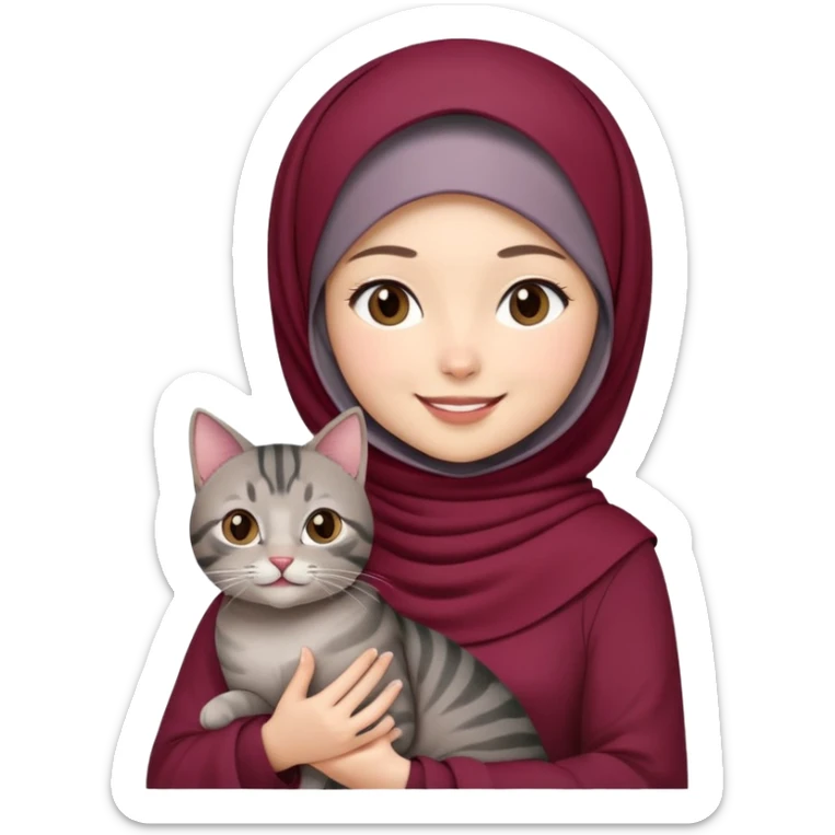 Asian white girl wearing  maroon hijab with dress holding a black grey tabby cat while smiling sticker