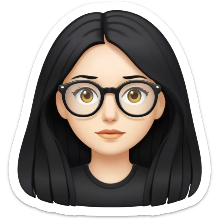 pale woman with long black hair, wearing glasses and black shirt sticker