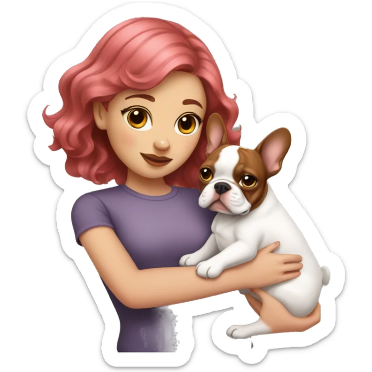  girl with medium pink wavy hair holding a brown and white french bulldog  sticker