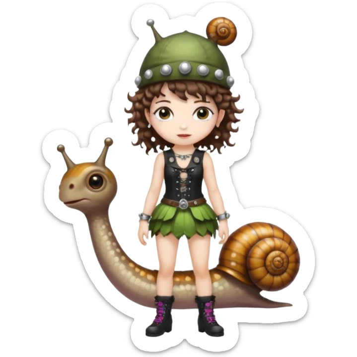 full body woman short curly brown mullet hair brown eyes white skin wearing punk fairy outfit and snail shell hat sticker