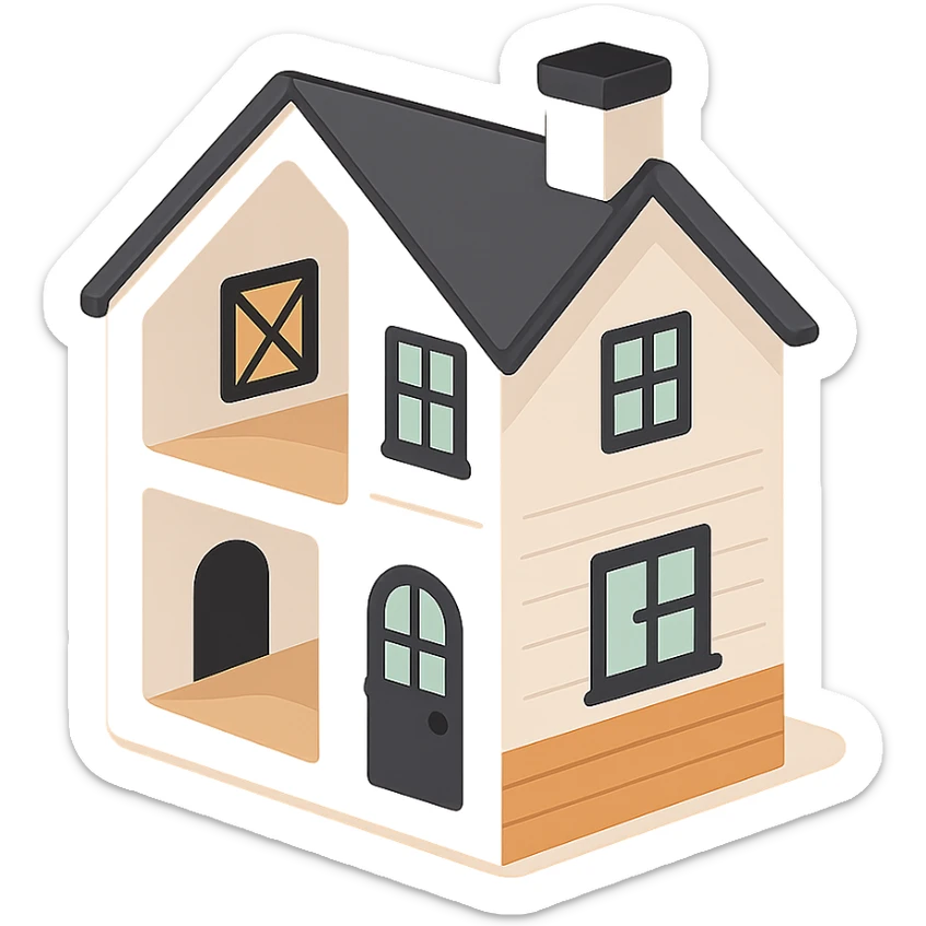 modern farmhouse dollhouse, white with black trim and wooden accents, 3d isometric  sticker