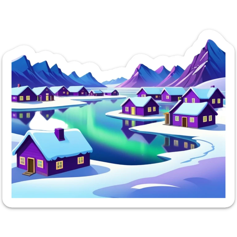 Mohe Arctic Village northernmost point of China with aurora borealis, simplified emoji style with bold outlines and bright colors, cartoon style village with northern lights sticker