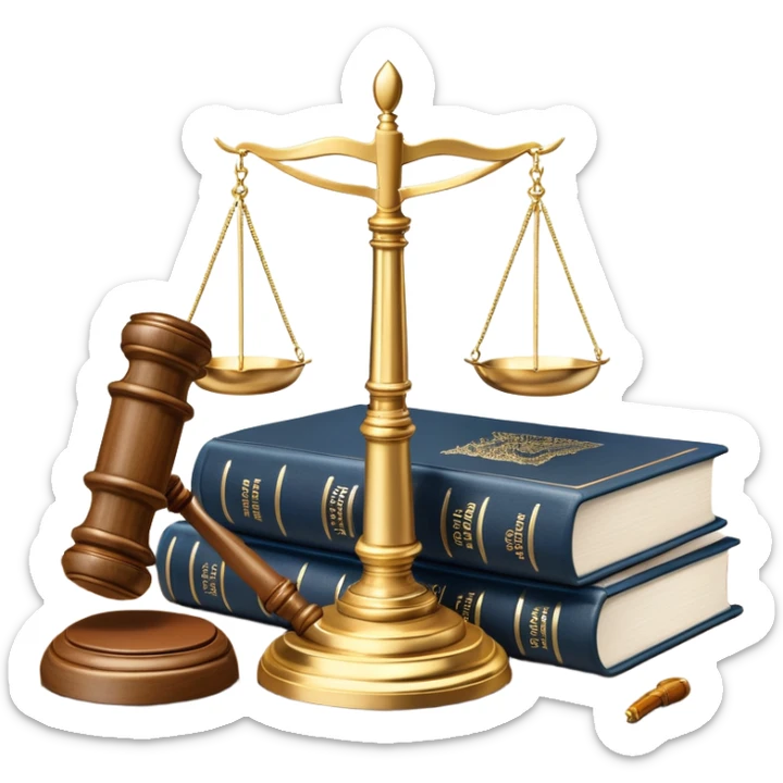 An icon featuring scales of justice, a gavel, and a legal book, symbolizing the study of law. The design includes courthouse pillars in the background, representing authority and legal systems. Transparent background highlights the principles of justice, order, and legal education. sticker