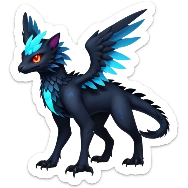 Black Dark Exotic Beaked Feathery Nocturnal Neon-glowing Abyssal Nightly Abyss-Cat-Gryphon-Salandit-Nargacuga-Silvally-Vernid-Sergal-Fakémon-Hybrid-Creature (full body) sticker