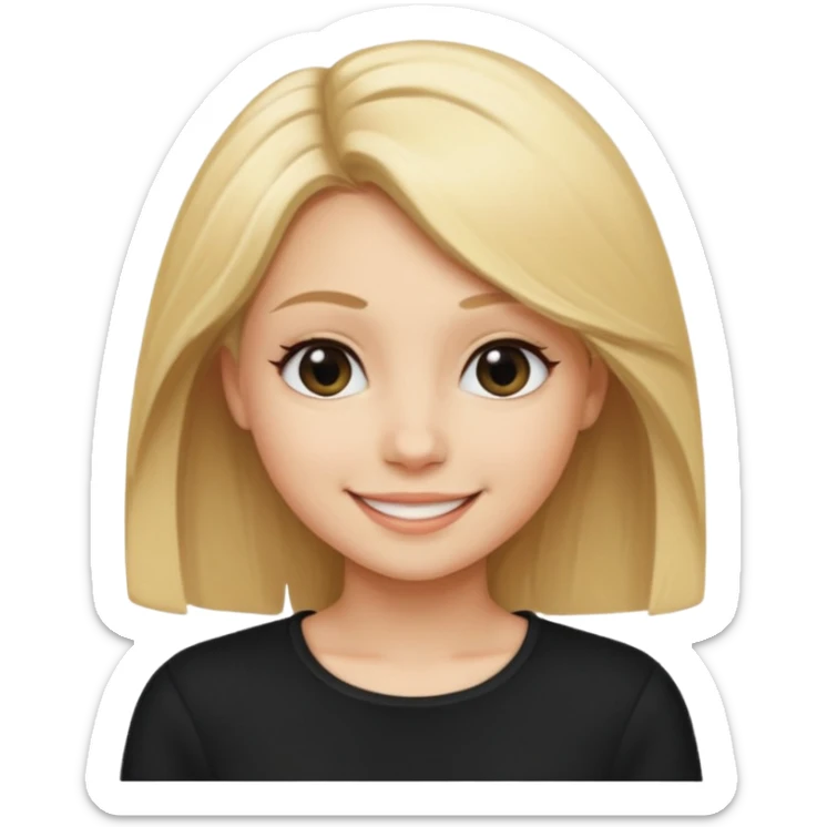 a new character a girl with shoulder length blonde hair wearing black clothes and wearing a cheeky smile sticker