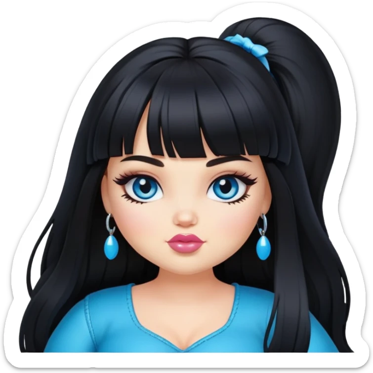 pretty alt bratz girl, big plus size, black long hair, bangs, blue eyes, white skin sticker