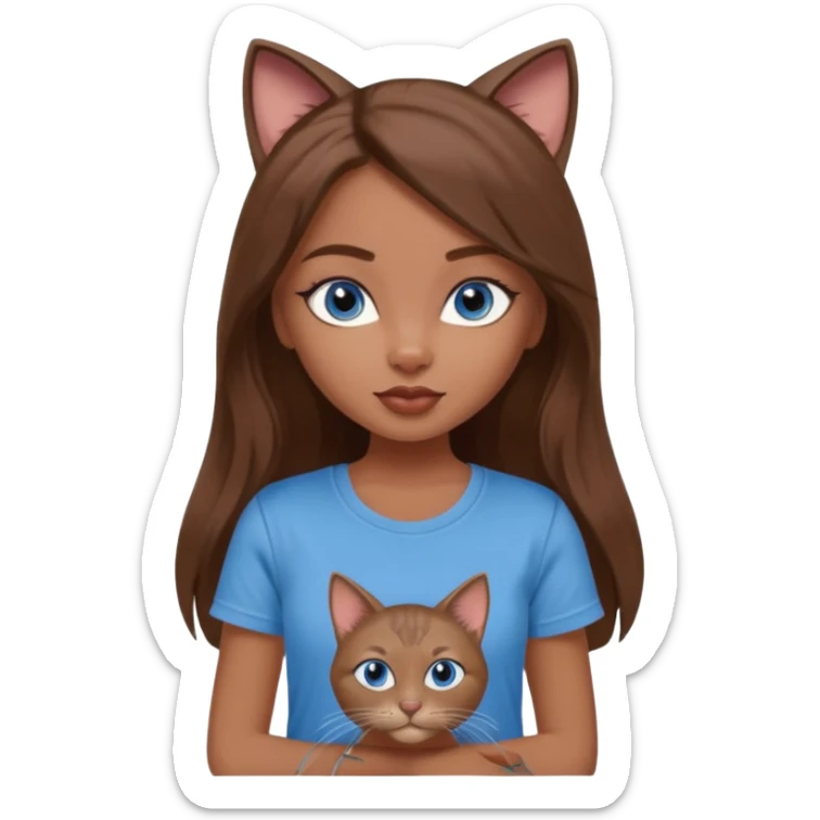 a pretty bratz dusky girl with long brown hair, blue eyes with six cats nd wearing a grey tshirt sticker
