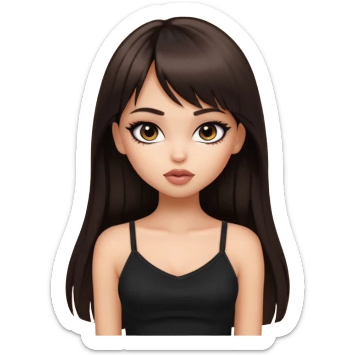 generate a pretty bratz girl in black cami top, dark brown straight long hair with bangs, eyeliner on, sticker