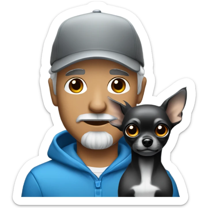 Man with blue eyes grey hair and grey goatee, wearing ball cap, holding long hair black chihuahua sticker