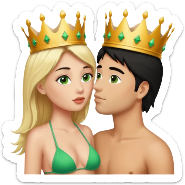 Blonde Queen with crown Green eyes eyes Bikini kissing man black Hair  sticker