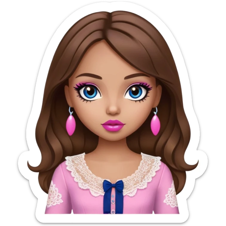 tall pretty bratz girl, brown hair, dark blue eyes, pink lips, black eyeliner, tan skin, cute lace girly clothes sticker
