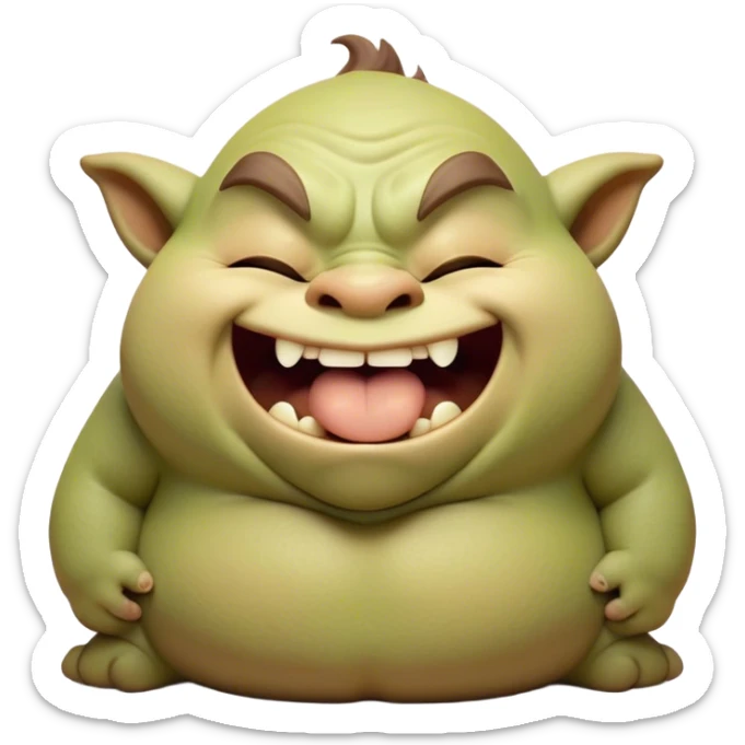 Cinematic Cute Yawning Ogre Portrait Emoji, with a surprisingly cuddly, rotund figure in soft earthy greens and browns, head tilted back in a big, gentle yawn exposing a set of comically oversized teeth, simplified yet irresistibly adorable, highly detailed with a soft glowing outline that captures the sleepy charm of a friendly ogre after a long day of gentle mischief! sticker