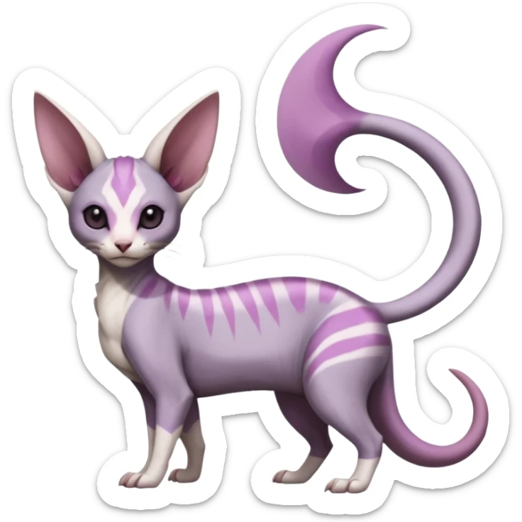 Purple, white, black, Minccino-Sphynx-Lykoi-Linoone-Zangoose-fusion-hybrid-animal-Fakémon-creature, full body, thin long sleek scaly tail, intricate markings sticker