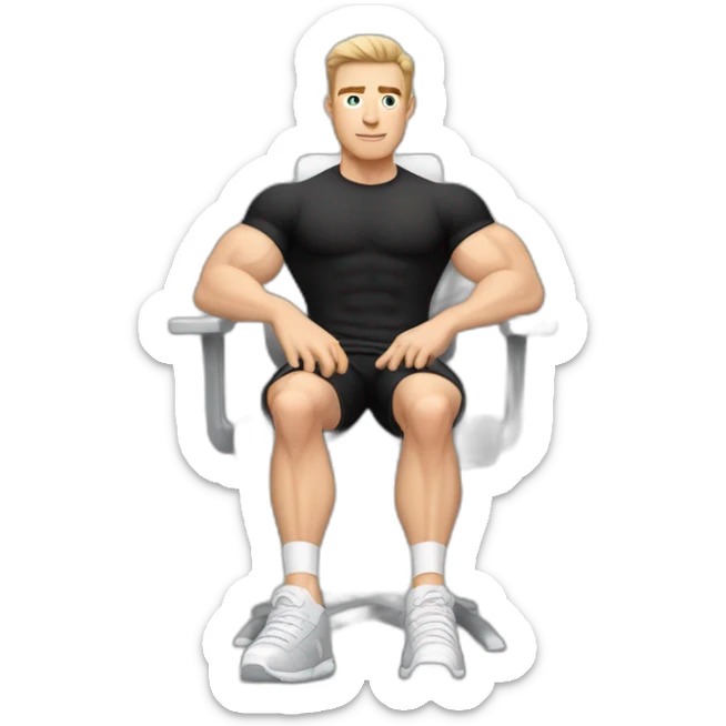 Pale skinned Fit Man With the biceps and dark brown hair in black shirt, gray sports shorts and white Sneakers Sitting on a chair sticker