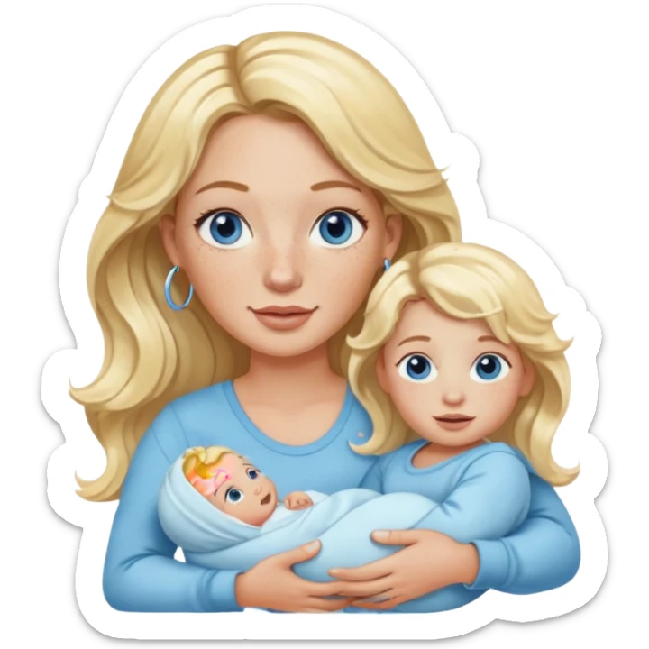 Wavy blonde, white woman with blue eyes, freckles hoop earrings, holding babies sticker