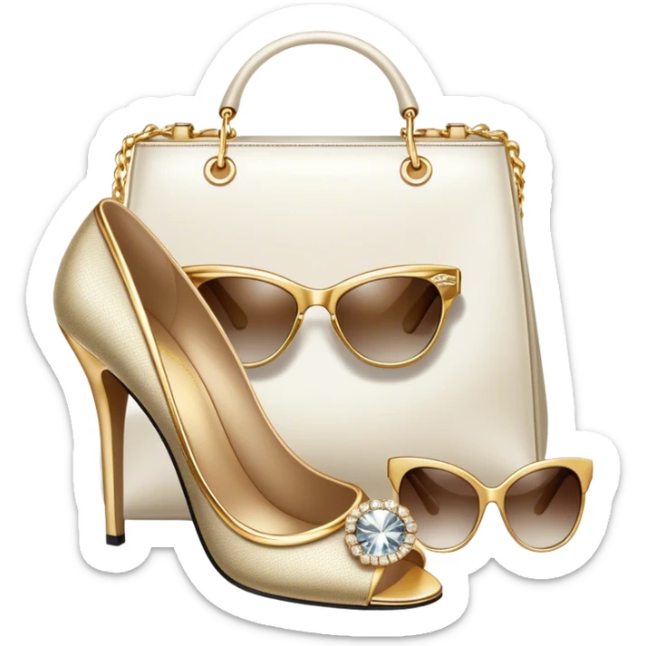 A photorealistic icon featuring luxurious fashion accessories like a high-end handbag, elegant high heels, a sparkling diamond necklace and a stylish pair of sunglasses. The design includes gold accents, soft lighting, and glamorous textures, fashion, and VIP luxury. Transparent background sticker