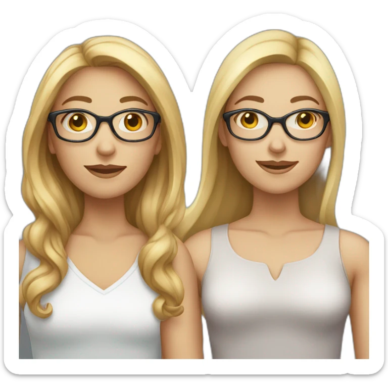 Two women. One blond. One brown hair. First woman with blond long hair, glasses and fair skin. Second woman with long brown hair and fair skin sticker