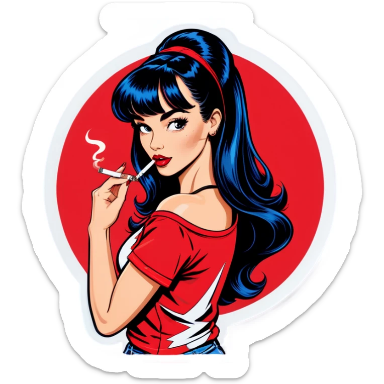 Sexy young pinup woman lighting up a cigarette she has long dark blue black hair with front bangs and she’s wearing a red t shirt, pop art sticker