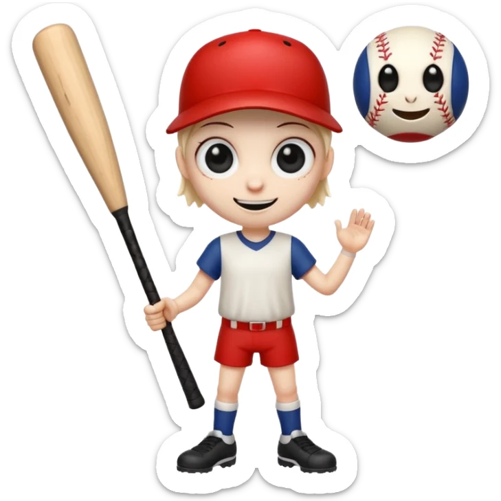 creepy long stump character with arms and legs holding a baseball bat large eyes unsettling smile inspired by the uploaded image emoji style sticker