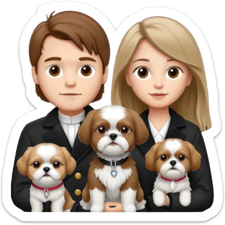 A couple boy with nice brown hair  and beautiful girl with long dark blond hair and with two shih tzu dogs with  black and white coat sticker
