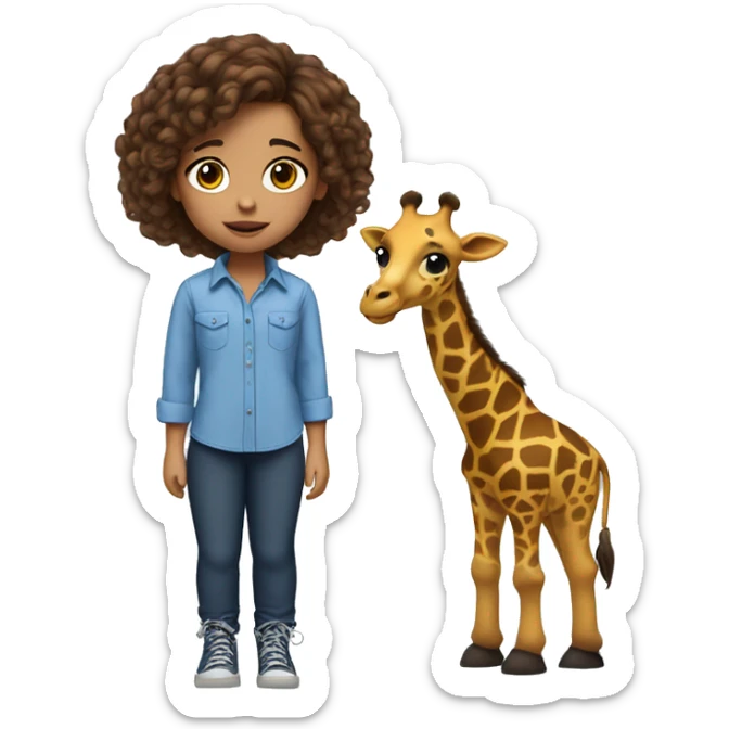 10 year old girl with brown eyes, brown tangled hair, big lips, blue shirt, blue and black pants, whit shoes, with a giraffe next to her  sticker