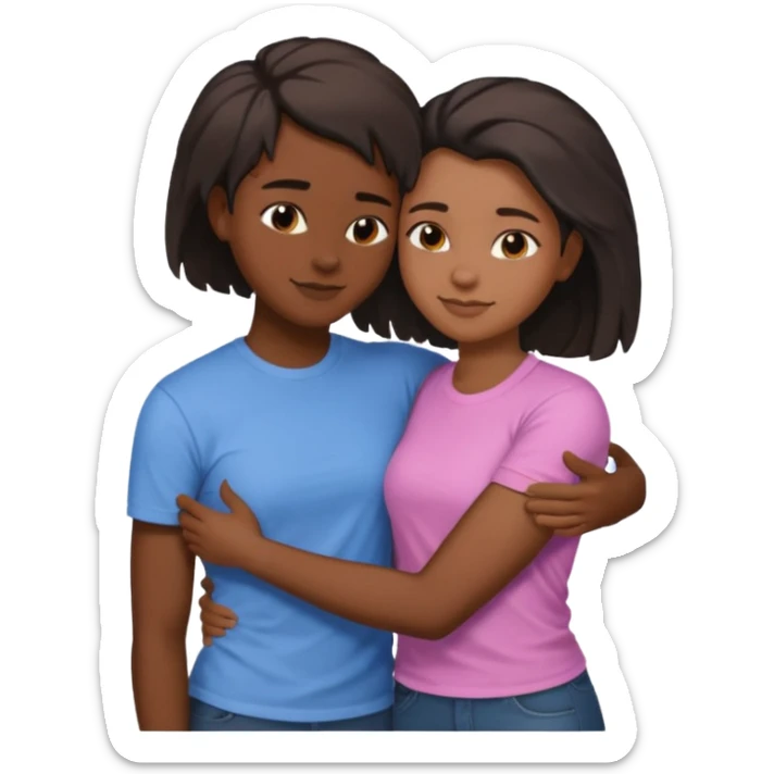 Black lesbian couple with one dark skin masculine with short hair low cute fade with a t shirt and one feminine with long hair in a blouse hugging  sticker