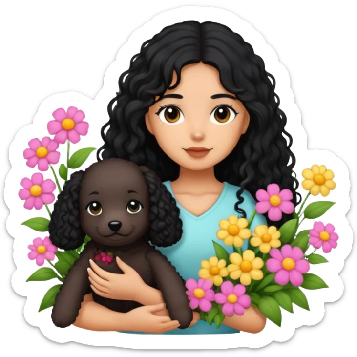 A girl with long black hair is holding a black curly-haired teddy dog ​​in the flowers sticker