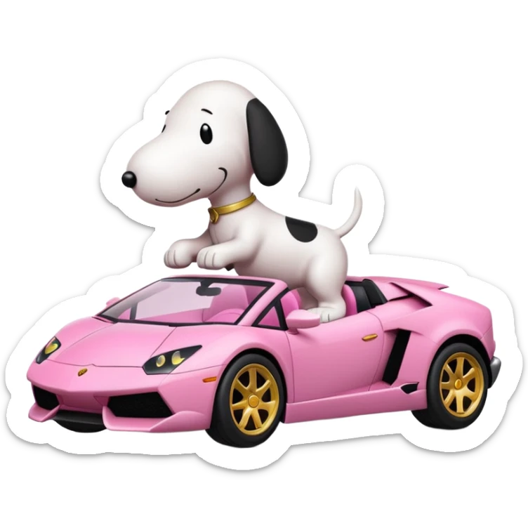 Snoopy in a Lamborghini, the Lamborghini is sideways and Snoopy isn't big, the Lamborghini is pink sticker