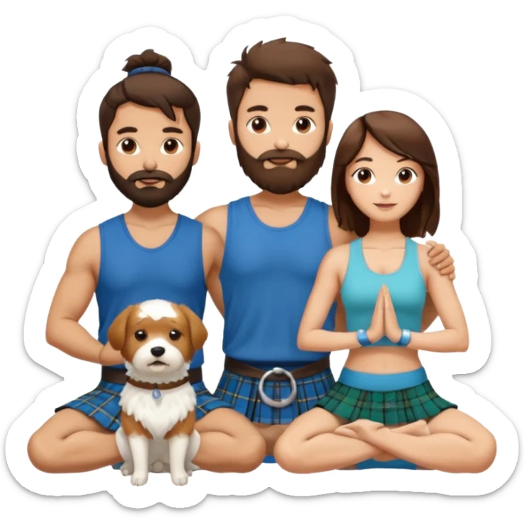 emoji of brunette man with beard wearing kilt, brunette woman in yoga outfit and one white fluffy dog sticker
