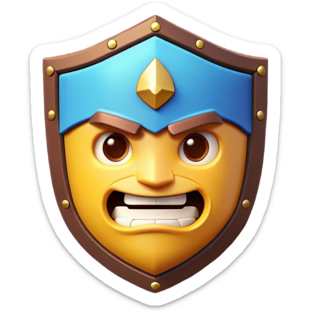 Clash of Clans aesthetic: Cinematic Playful Pixel 3D Shield Portrait Emoji, rendered in a 3D vector-style similar to standard emojis with minimal shading and bold, simplified shapes. A compact, distinct form with signature details, softly glowing with a pixelated adventure charm. Simplified yet unmistakably iconic, highly detailed and consistent, glowing with a soft radiance and high shine. Stylized with a touch of classic pixel-art charm and a soft glowing outline, capturing the essence of a beloved gaming relic with a friendly, playful manner! sticker