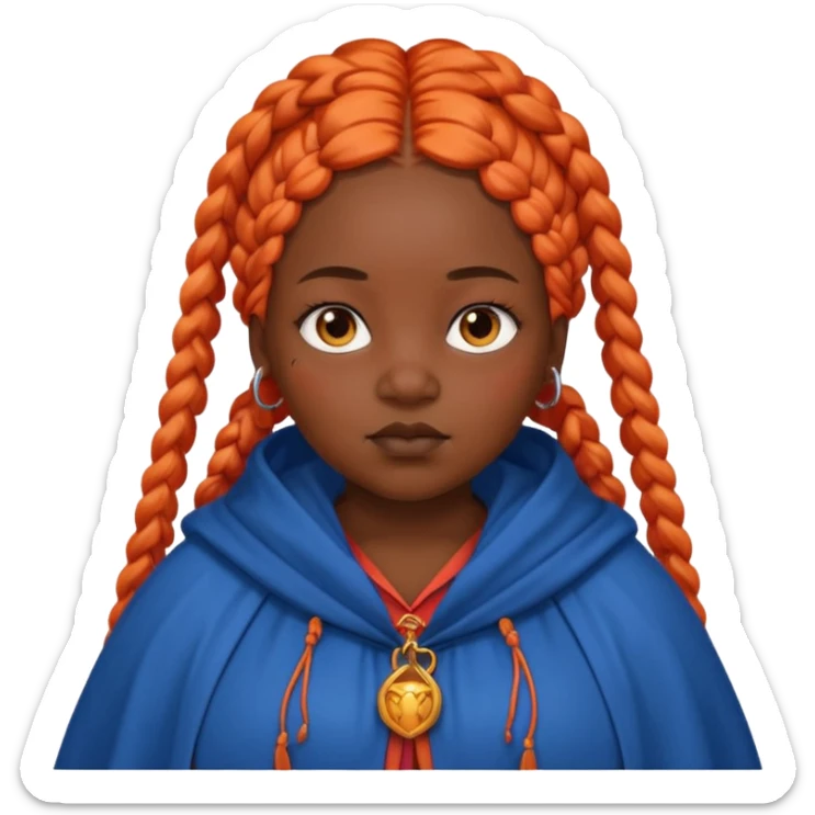 red orange braids hair girl, black skin, fat, wear blue cloak sticker