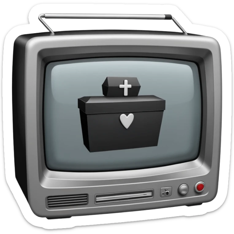 Minimalist emoji-style sticker of a CRT TV in the shape of a coffin, with a cross or static noise on the screen. Desaturated design.  sticker