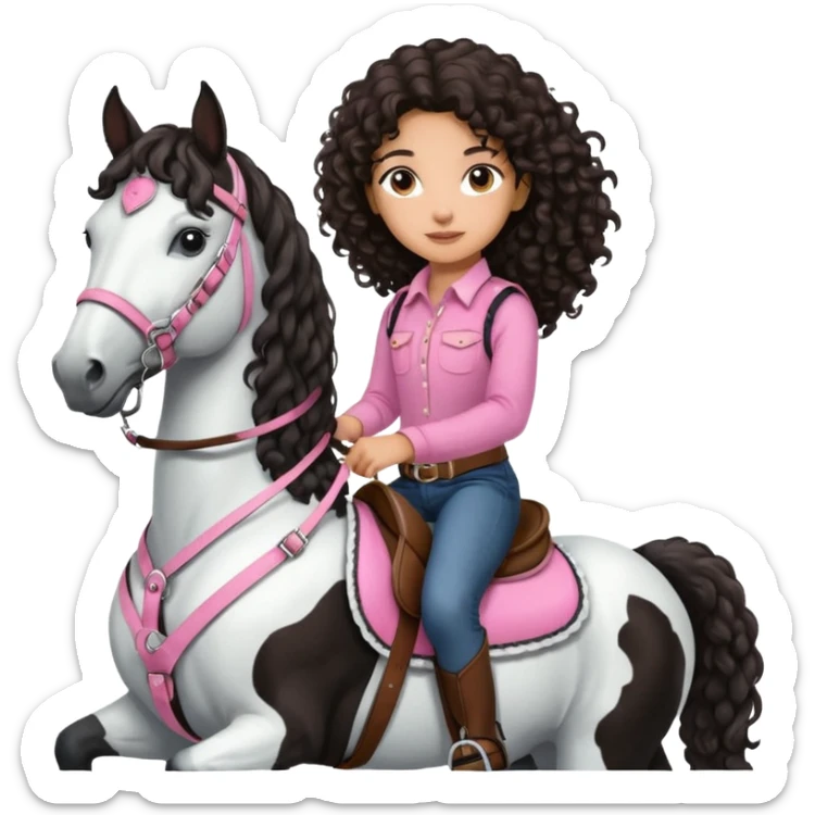 Realistic mixed race girl with long dark brown curly hair, riding a big black and white draft horse, wearing pink harness and saddle  sticker
