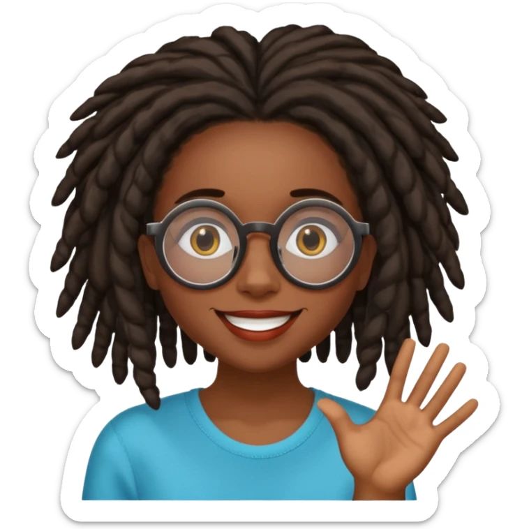 darker skin female with dark dreadlock hair wearing large round glasses with a word bubble saying "nope" sticker
