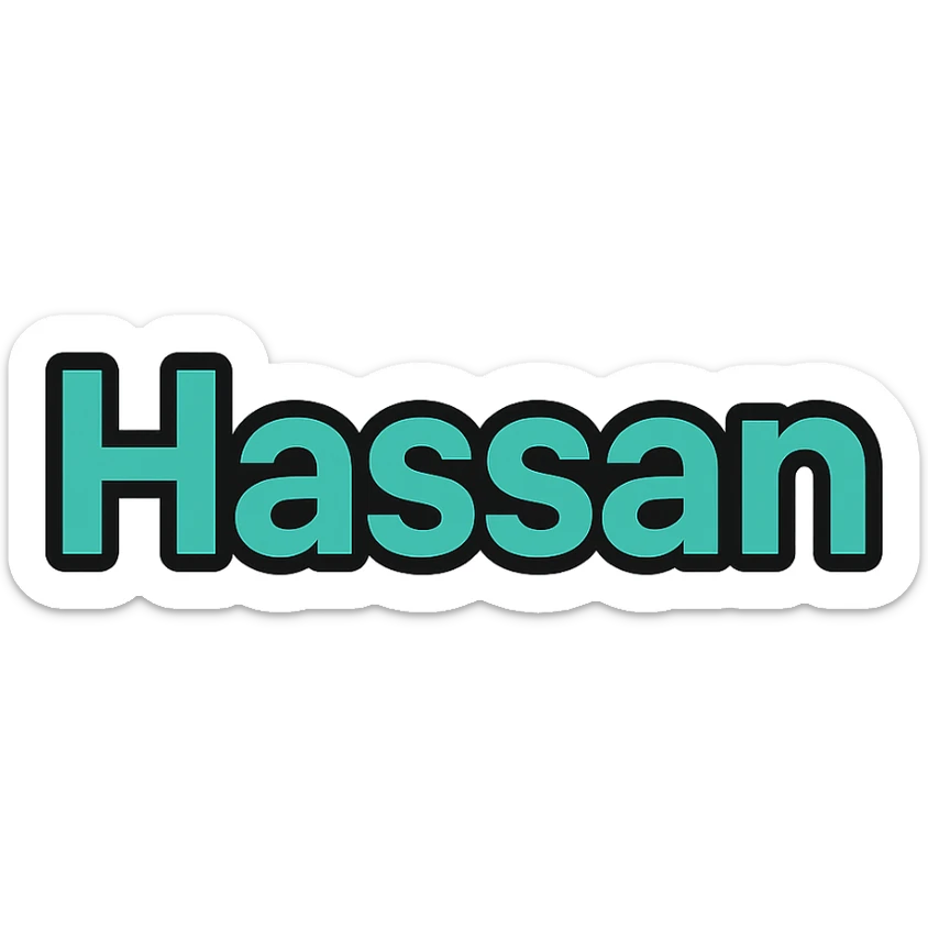 the name 'Hassan' in bold, clear, sans-serif font, Slack emoji style, transparent background sticker