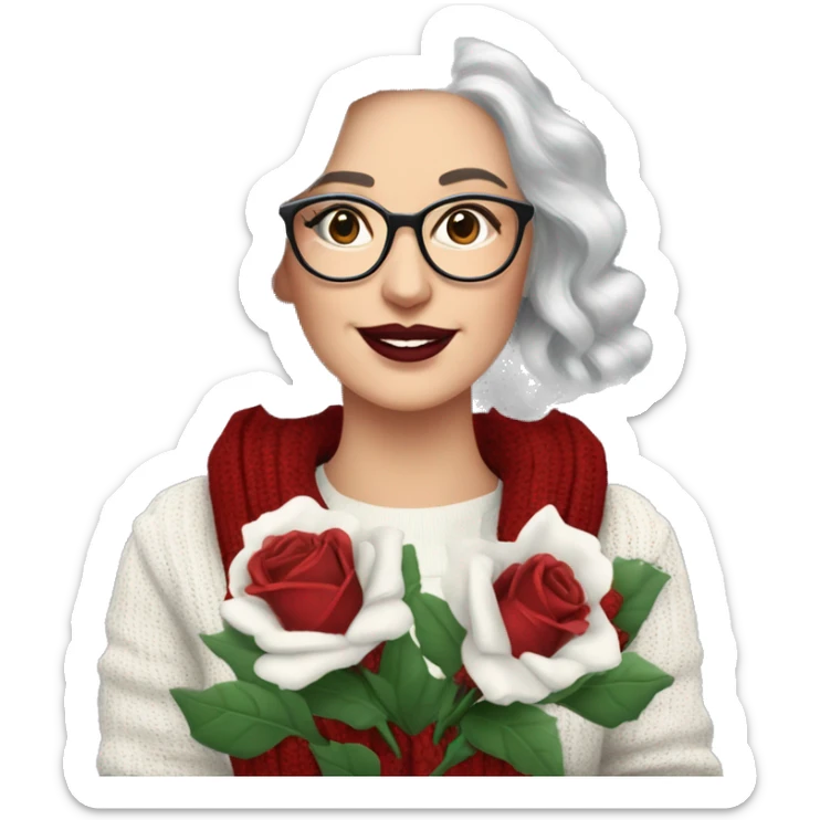 Attractive Caucasian woman with long grey hair, wearing wire frame glasses, dark red lipstick, and a christmas sweater, holding a bouquet of roses sticker