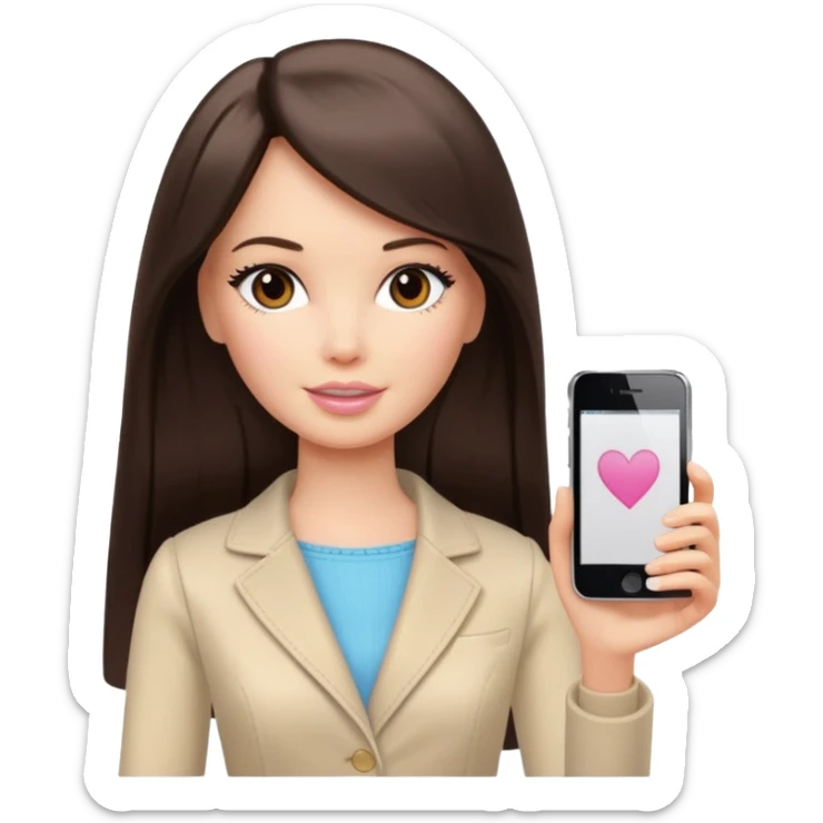 Barbie girl with a long straight dark brown hair inside a pale beige clothes holds an iPhone in her hands sticker