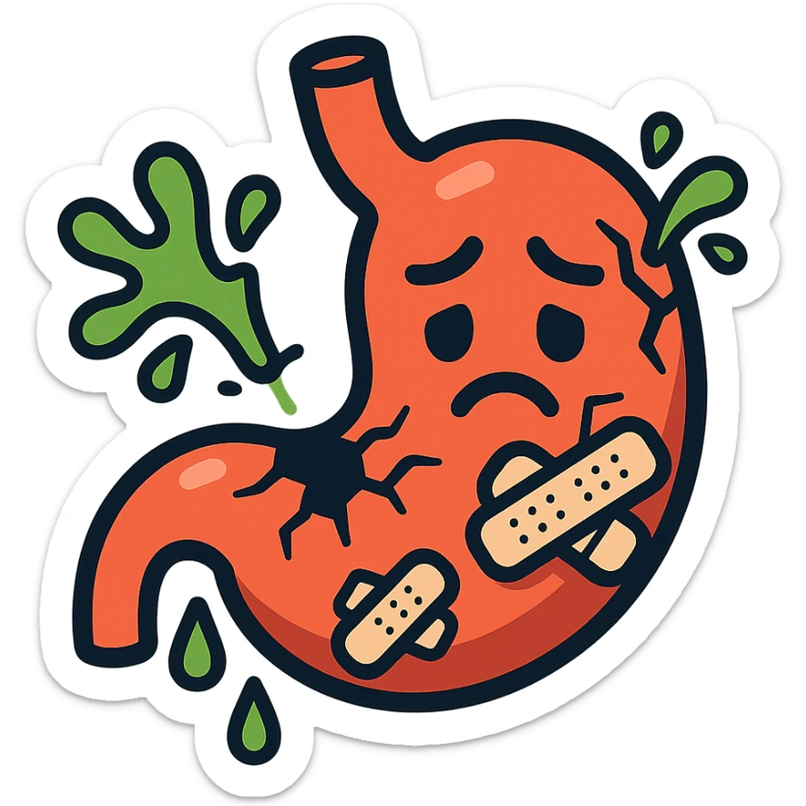 cartoon icon of a stomach character with cracks or holes, sad face, acid splashes, bandages, cute but informative medical style sticker
