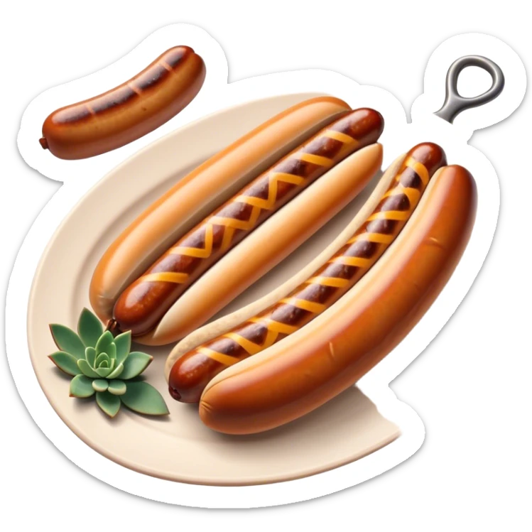 Cinematic Realistic Bratwurst Dish Emoji, showcasing a succulent, grilled sausage with a crispy exterior rendered with lifelike detail and warm, dynamic lighting. sticker