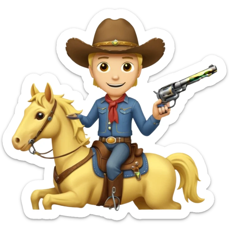 Cowboy riding a horse with revolver. Cowboy With yellow skin and smilling. Simplize it and I need a full pic with horse. Like I need the leg part too sticker
