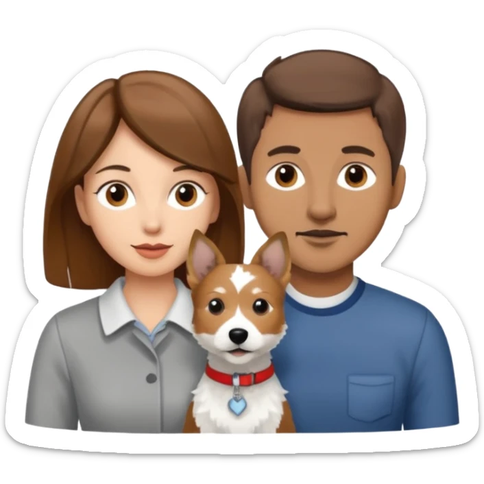 Quiero una pareja la mujer con el pelo castaño y el hombre con el color apenas moro hito con un perro Fox terrier blanco con gris  sticker
