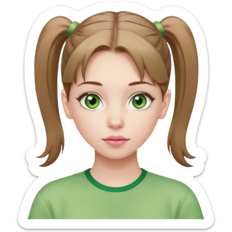 create an emoji of a young woman. She has a kind look, with long light brown hair in a ponytail, green eyes, pale skin, natural soft pink lips. she wears a green y2k top sticker