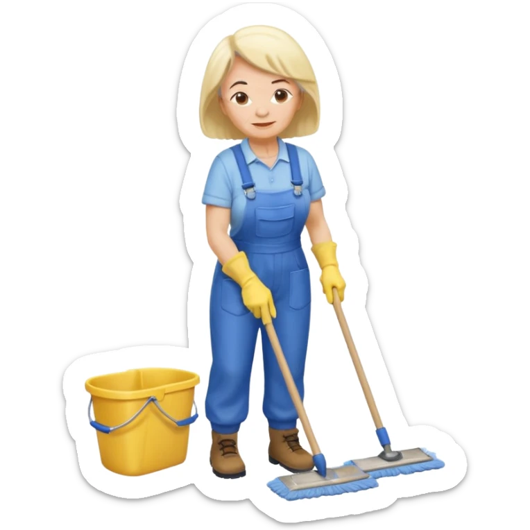 old women, Custodian with yellow rubber gloves, white T-shirt, blue overalls, mopping floor sticker