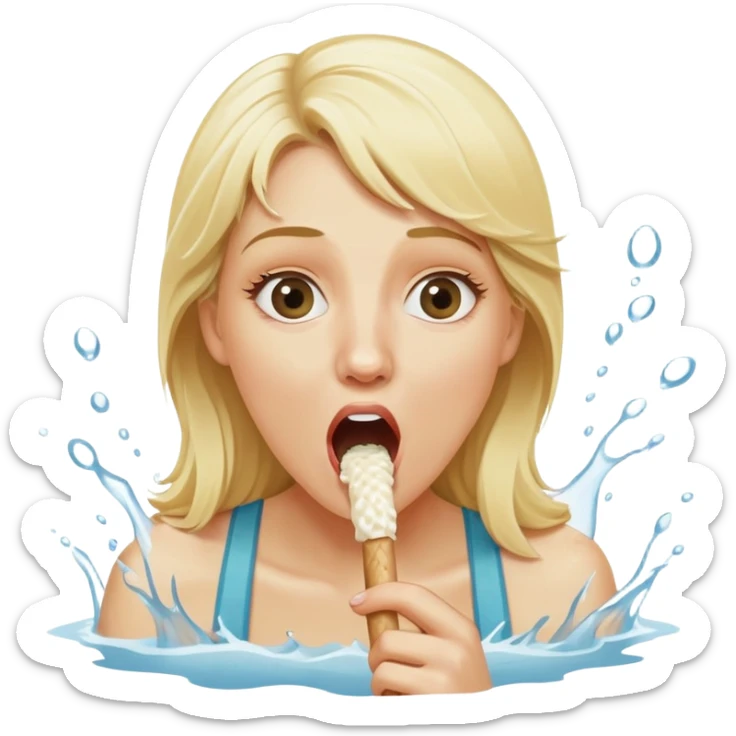 blond woman eating a wide stick the same color as her skin, with a bite taken out of the edge, water stream squirting directly from the stick into her open mouth, surprised expression sticker