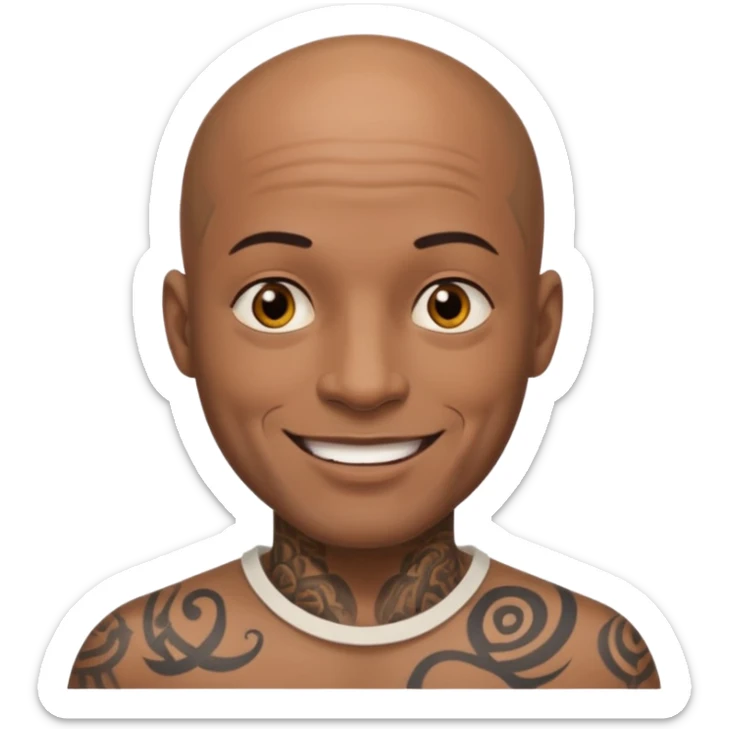 This is a cartoon-style avatar of a bald man with dark skin, golden-brown eyes, and several tattoos on his face, smiling with a friendly expression. sticker