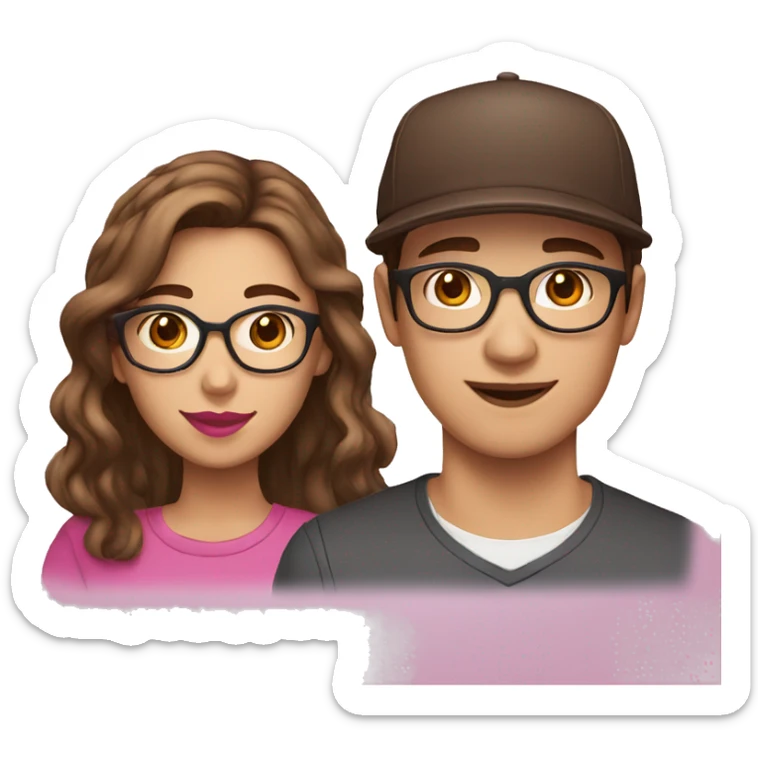 teenage brothers, woman with brown hair, brown eyes, pink lipstick and glasses. Man with brown hair, brown eyes and cap sticker