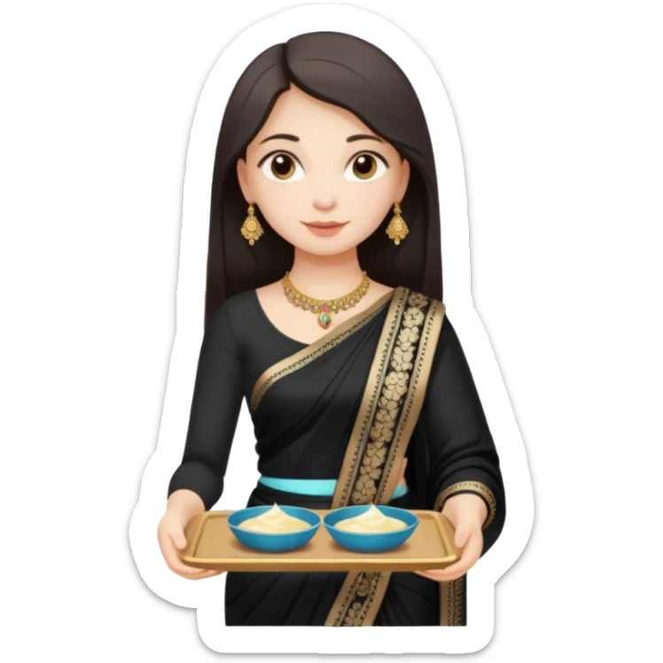 Russian girl in Indian black saree with full image from head to leg and holding one small cream colour plastic tray in her both hands sticker