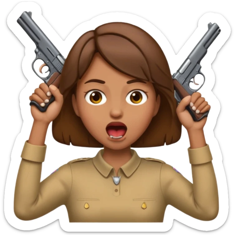 the woman emoji with brown hair and tan skin choking herself  with both hands around her neck with her mouth open and two arms from behind her holding a gun in each hand point directly at her head sticker