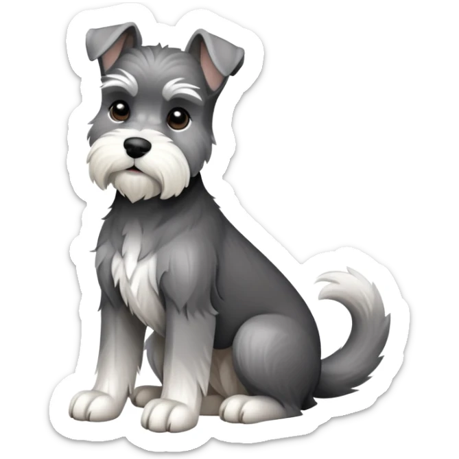 cinematic-[schnauzer]-realistic-full-body-sitting-emoji,-tail-resting-loosely-beside-its-paws,-head-tilted-dramatically, -sleek-[grey and white]-fur,-simplified-yet-realistic-focused-features,-highly-detailed,-glowing-with-an-almost-sarcastic-glow sticker
