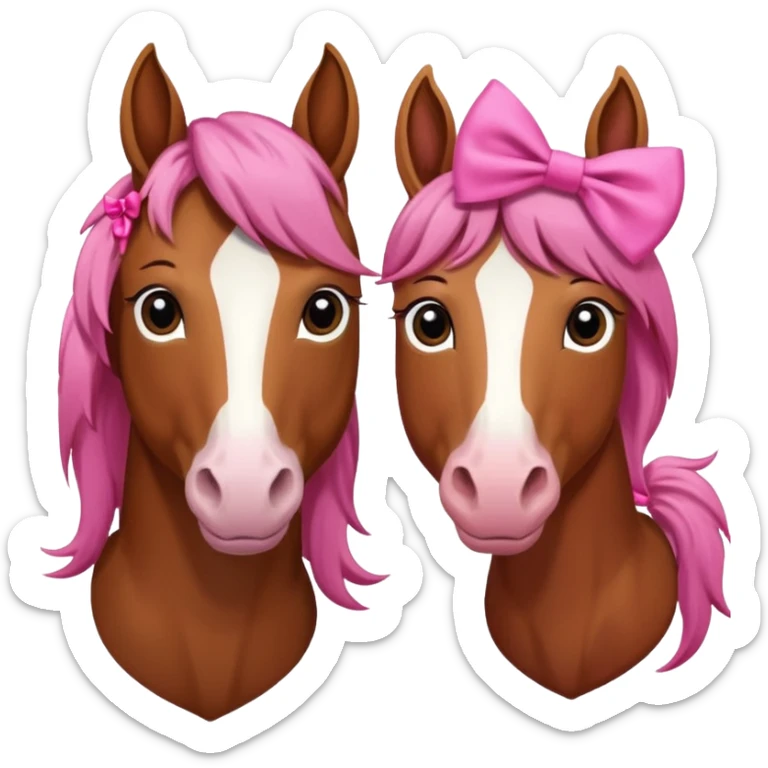 i want you to make a brown horse and a chestnut horse looking like best friends and having a pink bow on their maine next to ther ear sticker